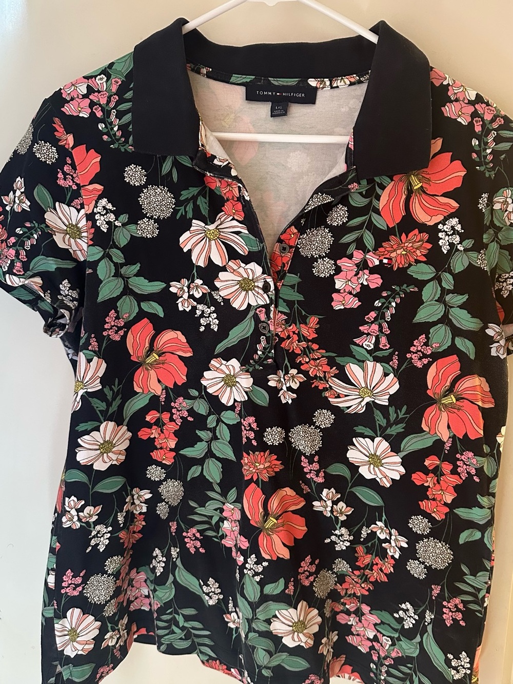 Tommy Hilfiger Black Floral Polo Top with Coral & Green Accents
